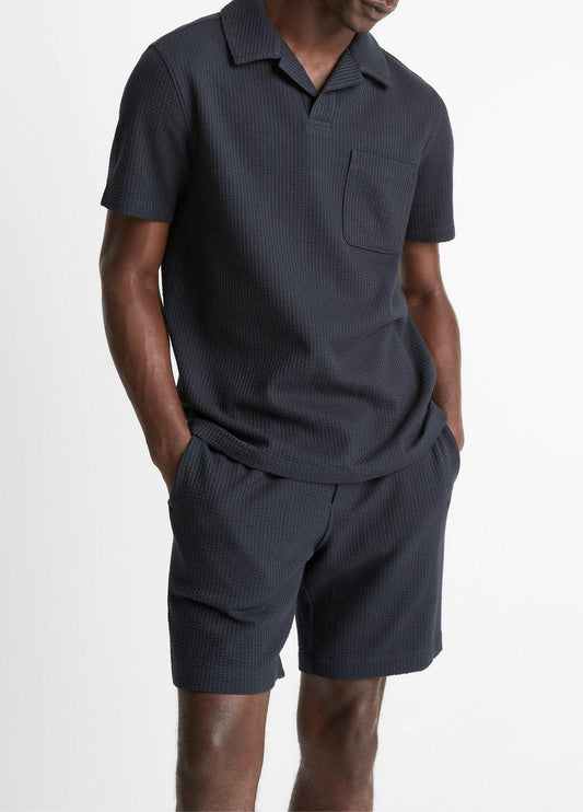 Seersucker-Knit Stretch-Cotton Short-Sleeve Johnny-Collar Shirt in Short Sleeve | VINCE Men