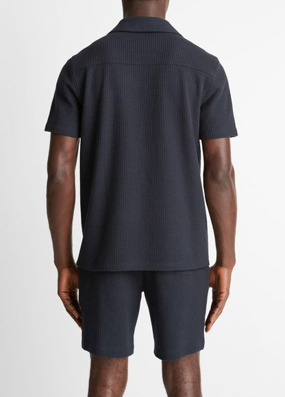 Seersucker-Knit Stretch-Cotton Short-Sleeve Johnny-Collar Shirt in Short Sleeve | VINCE Men