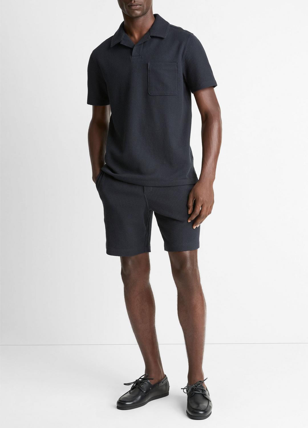 Seersucker-Knit Stretch-Cotton Short-Sleeve Johnny-Collar Shirt in Short Sleeve | VINCE Men