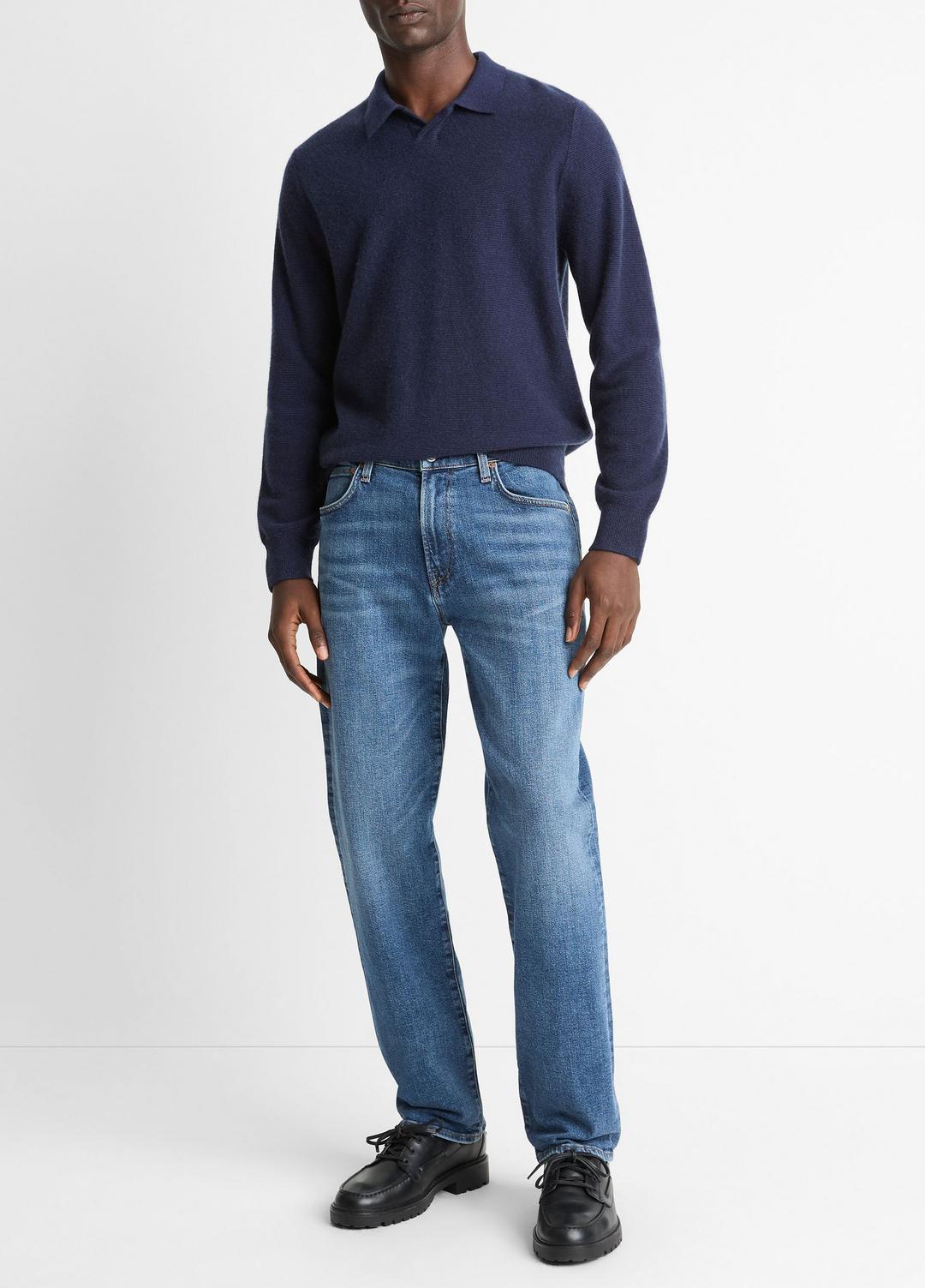 Feed Stripe Plush Cashmere Johnny-Collar Sweater in Cashmere | VINCE Men