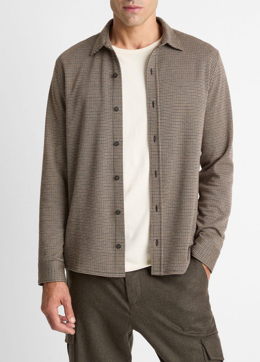 Houndstooth Cotton-Blend Button-Front Shirt in Long Sleeve | VINCE Men