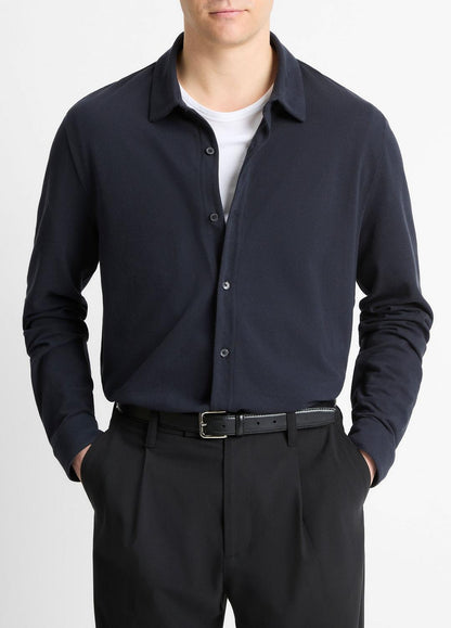 Cotton Piqué Button-Front Shirt in Long Sleeve | VINCE Men