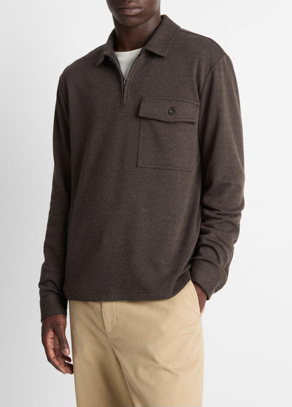 Herringbone Cotton-Blend Zip Polo Shirt in Henleys & Polos | VINCE Men
