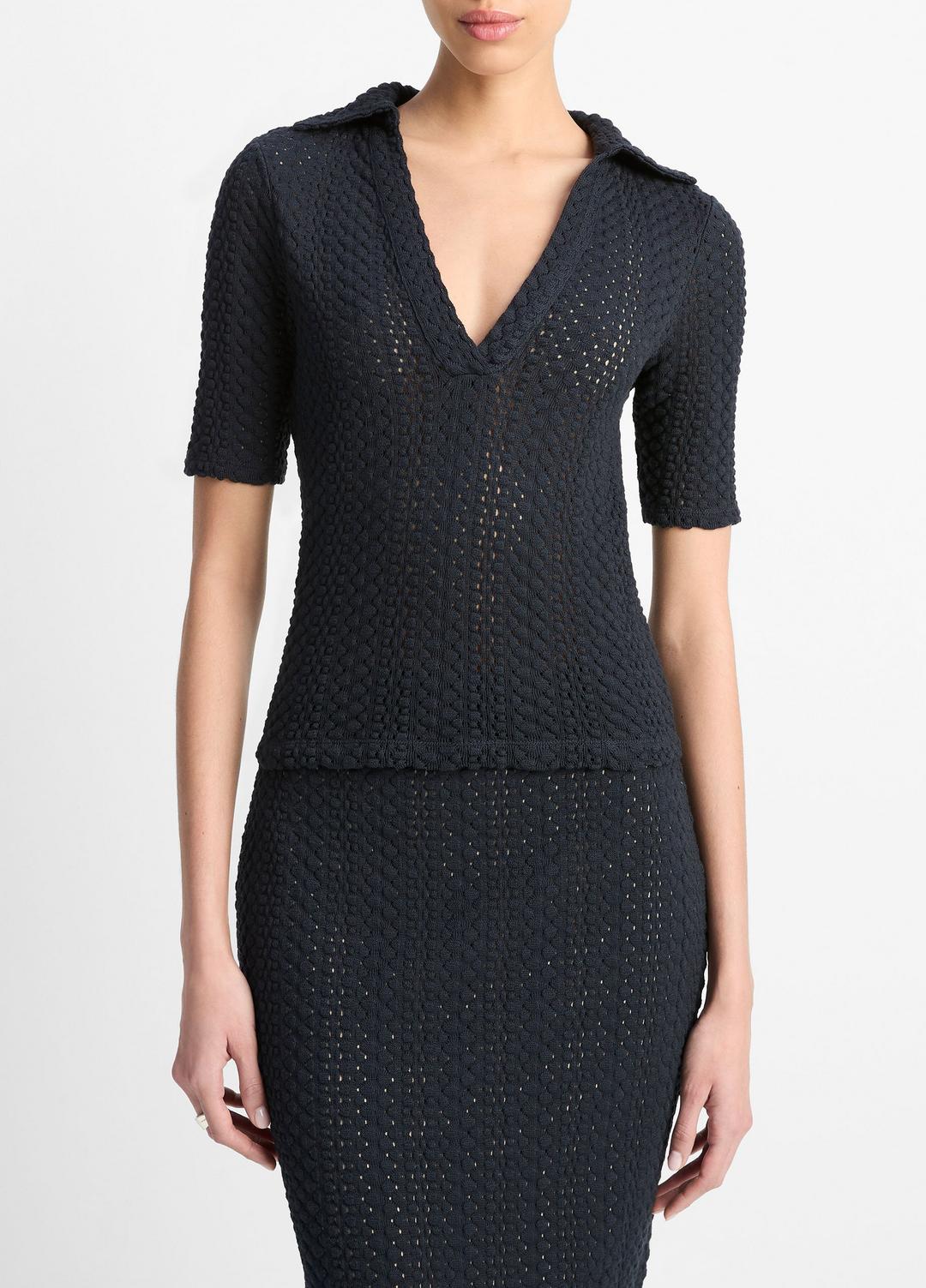 Textural Cotton Elbow-Sleeve Polo Top in Shirts & Tees | VINCE Sale