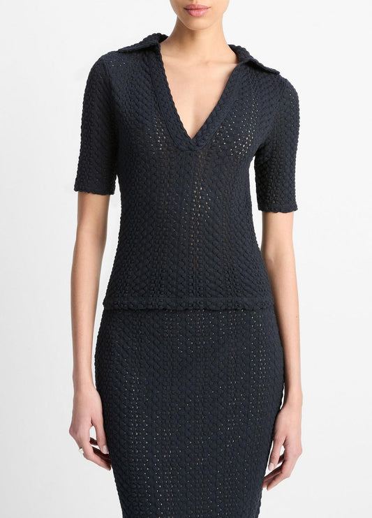 Textural Cotton Elbow-Sleeve Polo Top in Shirts & Tees | VINCE Sale