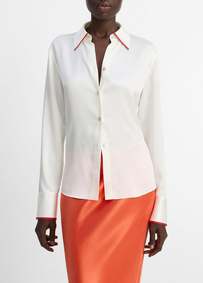 Tipped Silk Button-Front Blouse in Shirts & Tees | VINCE Sale