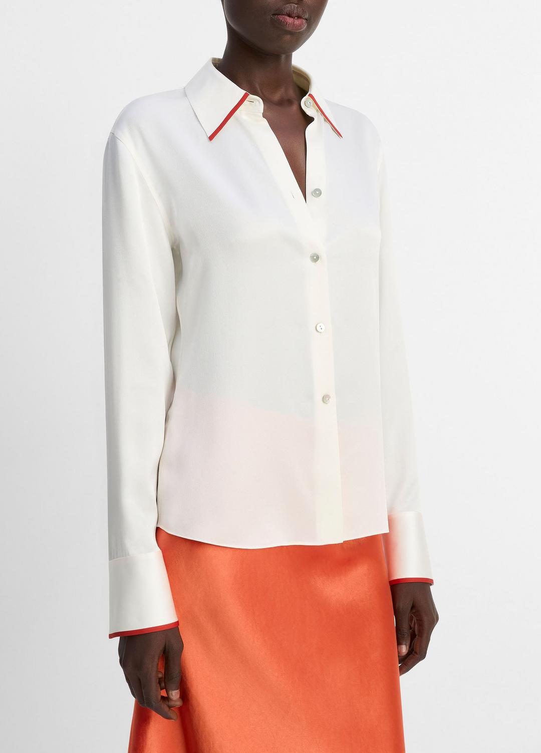 Tipped Silk Button-Front Blouse in Shirts & Tees | VINCE Sale