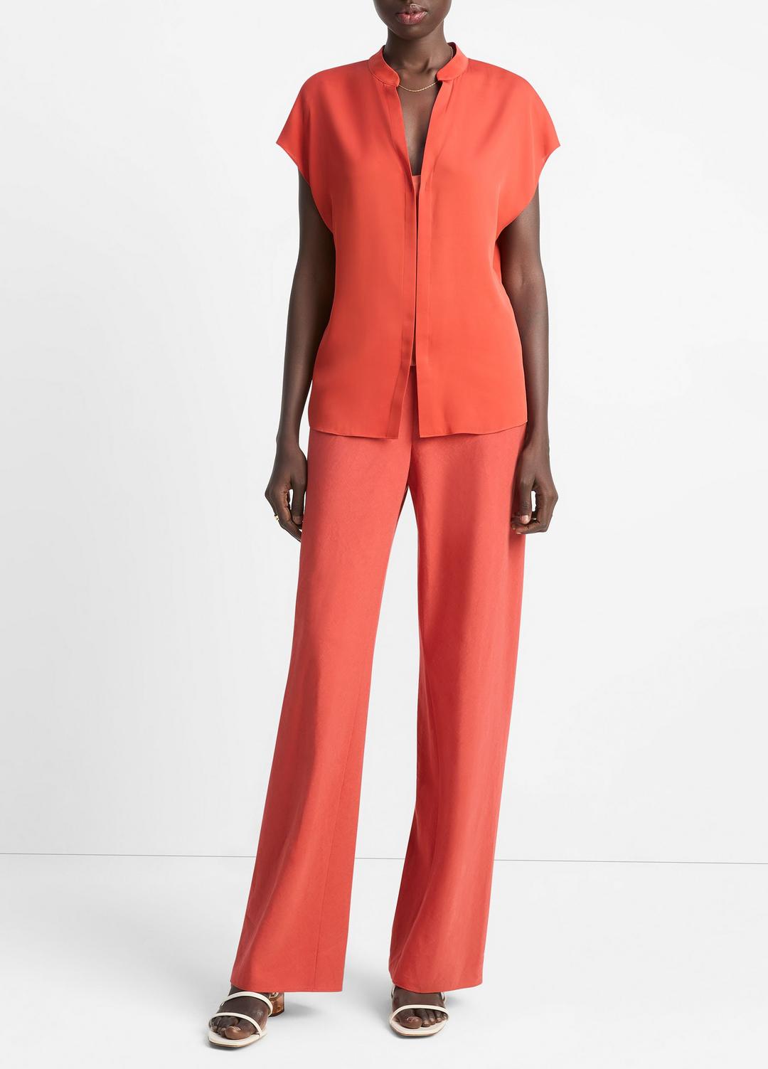 Contrast-Placket Stretch-Silk Cap-Sleeve Blouse in Shirts & Tees | VINCE Sale