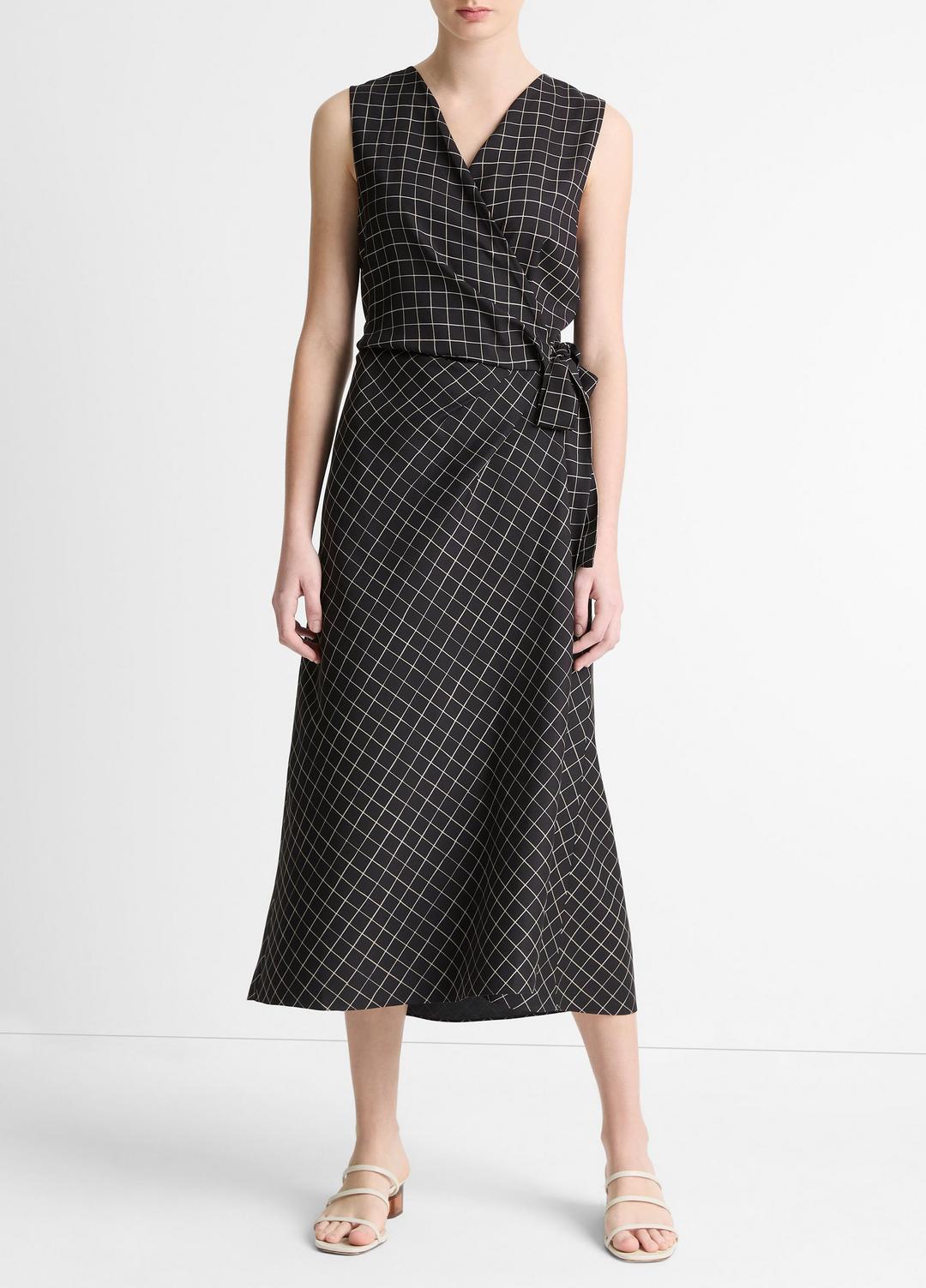 Trellis Plaid Draped Sleeveless Wrap Dress in Dresses & Skirts | VINCE Sale