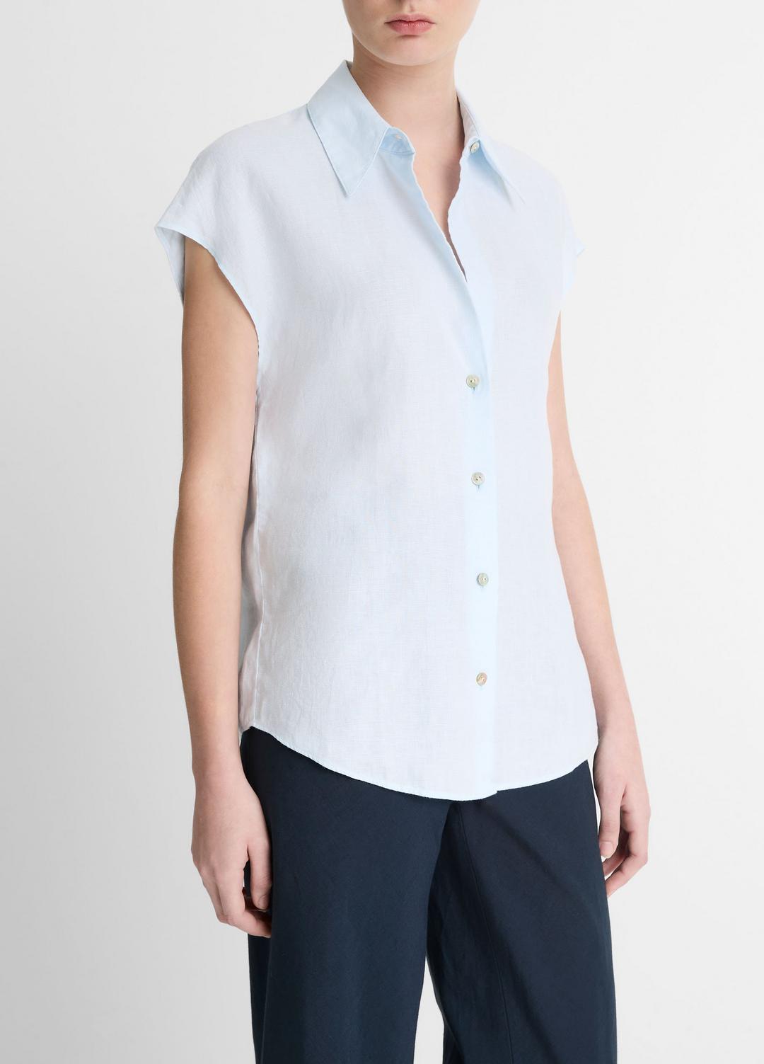 Linen Cap-Sleeve Button-Front Blouse in Shirts & Tees | VINCE Sale