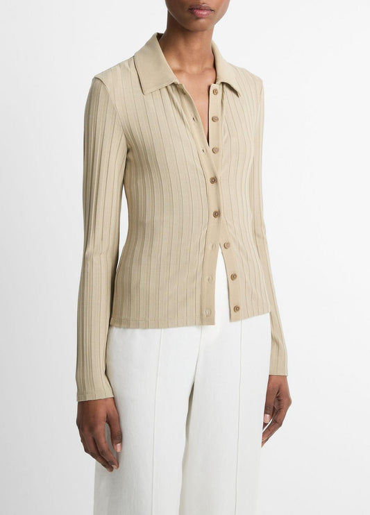 Ribbed Collared Long-Sleeve Button-Front Top in Shirts & Tees | VINCE Sale